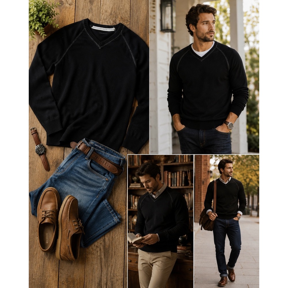 Nautica Jeans Co Mens Black V-Neck Cotton Sweater Contrast Stitch Raglan Small
